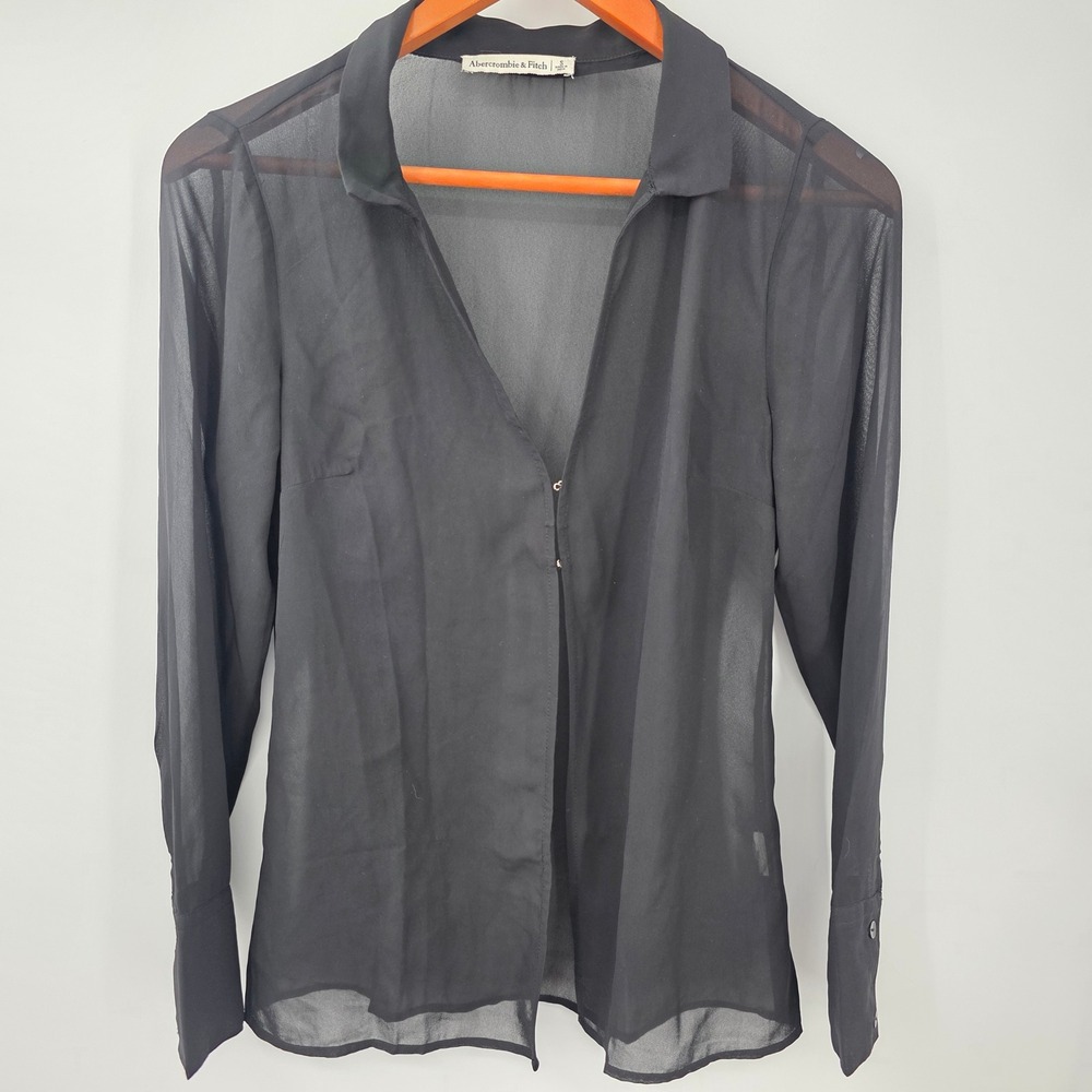 Abercrombie & Fitch Black Sheer Chiffon Long Sleeve Hook Eye Blouse Small